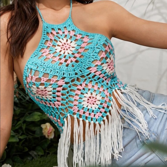 Crochet bikini cover-up halter top blue tassel open back sexy top - Picture 2 of 3